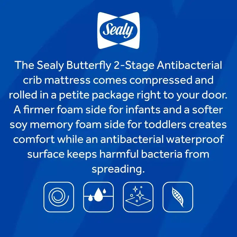Materasso in schiuma a 2 stadi Sealy Butterfly antibatterico per lettino e bambino