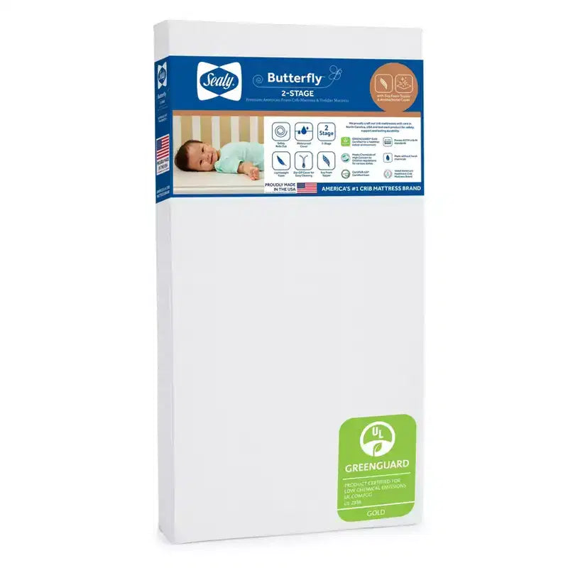 Materasso in schiuma a 2 stadi Sealy Butterfly antibatterico per lettino e bambino