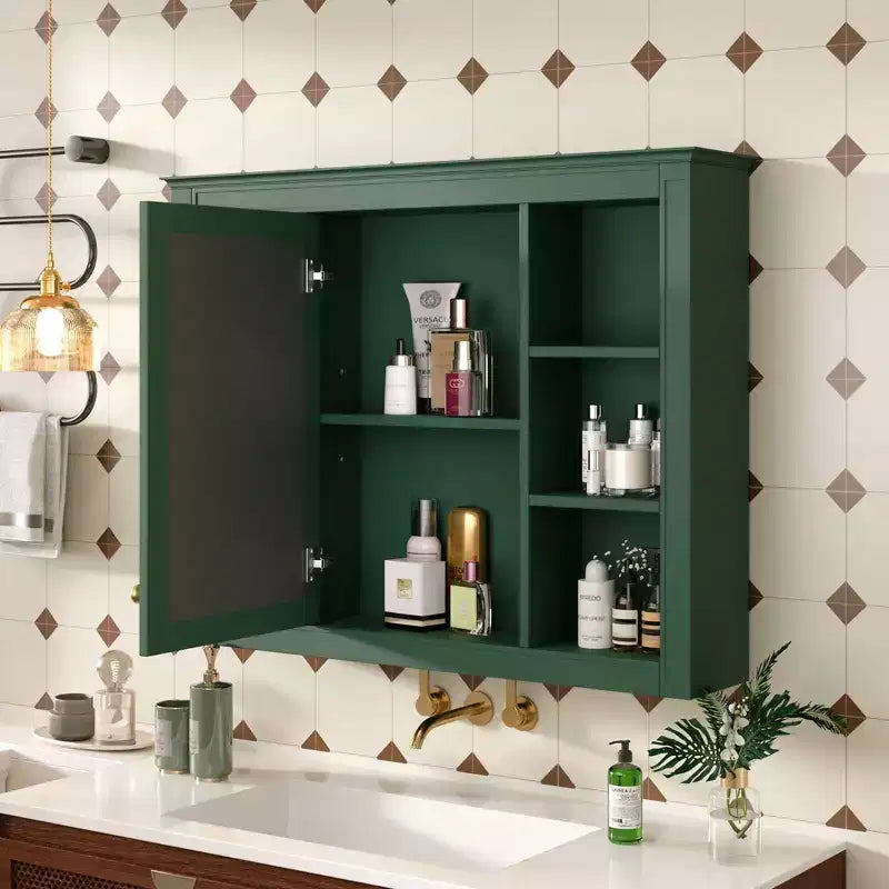 Specchio Contenitore da Bagno a Parete con 6 Ripiani a Giorno, Diversi Colori, Singolo