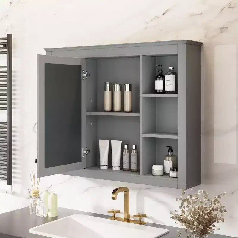 Specchio Contenitore da Bagno a Parete con 6 Ripiani a Giorno, Diversi Colori, Singolo