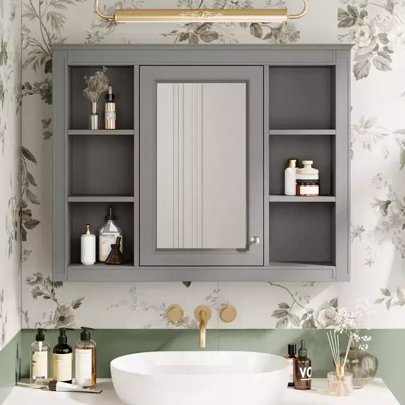 Specchio Contenitore da Bagno a Parete con 6 Ripiani a Giorno, Diversi Colori, Singolo