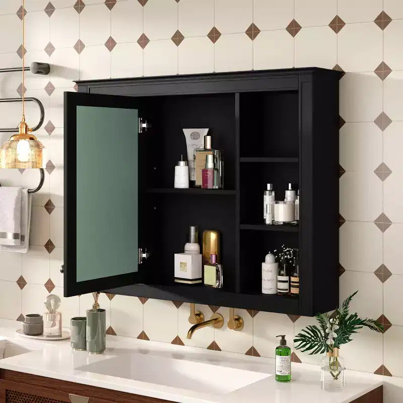 Specchio Contenitore da Bagno a Parete con 6 Ripiani a Giorno, Diversi Colori, Singolo