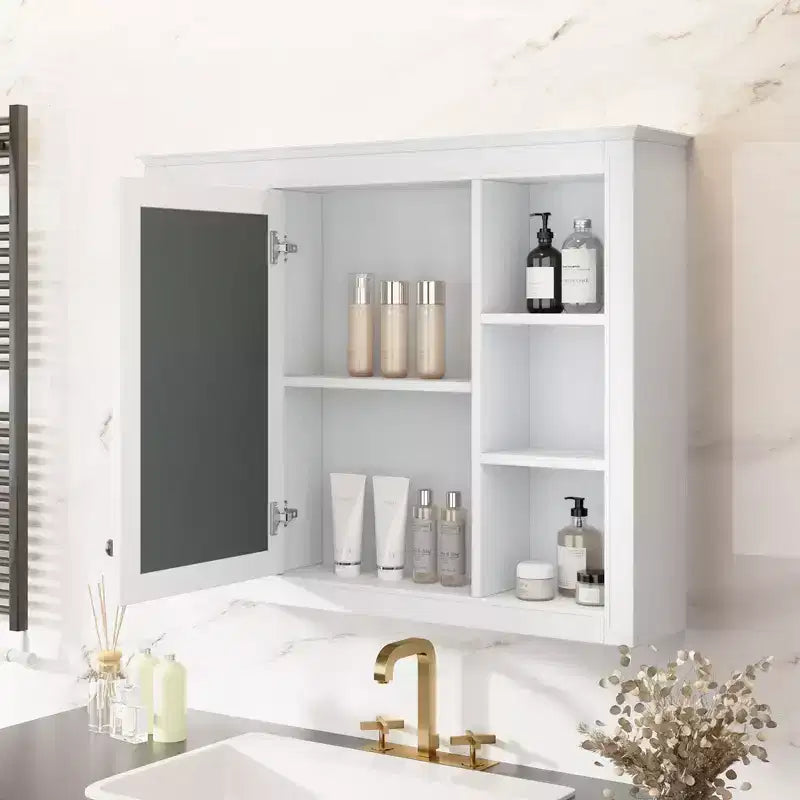Specchio Contenitore da Bagno a Parete con 6 Ripiani a Giorno, Diversi Colori, Singolo