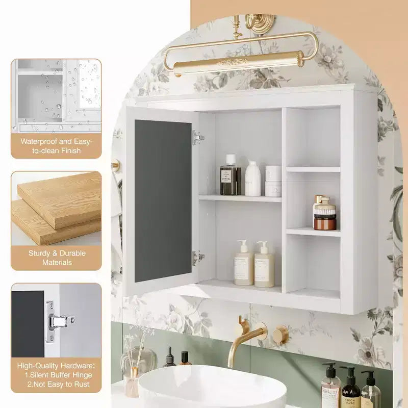 Specchio Contenitore da Bagno a Parete con 6 Ripiani a Giorno, Diversi Colori, Singolo
