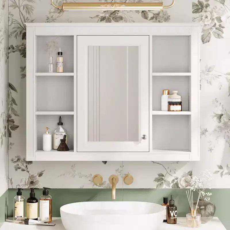 Specchio Contenitore da Bagno a Parete con 6 Ripiani a Giorno, Diversi Colori, Singolo