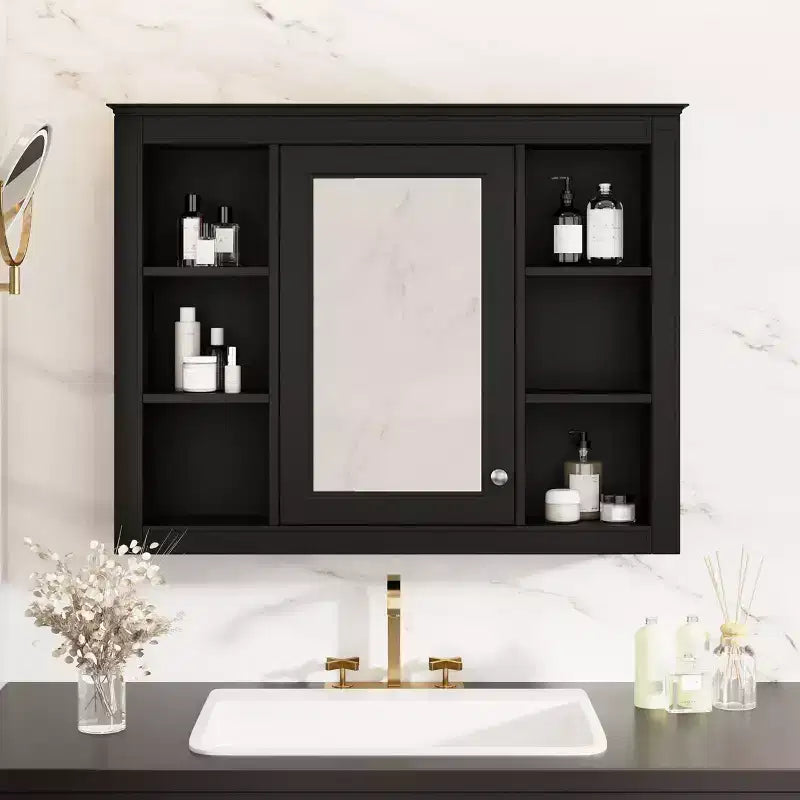 Specchio Contenitore da Bagno a Parete con 6 Ripiani a Giorno, Diversi Colori, Singolo