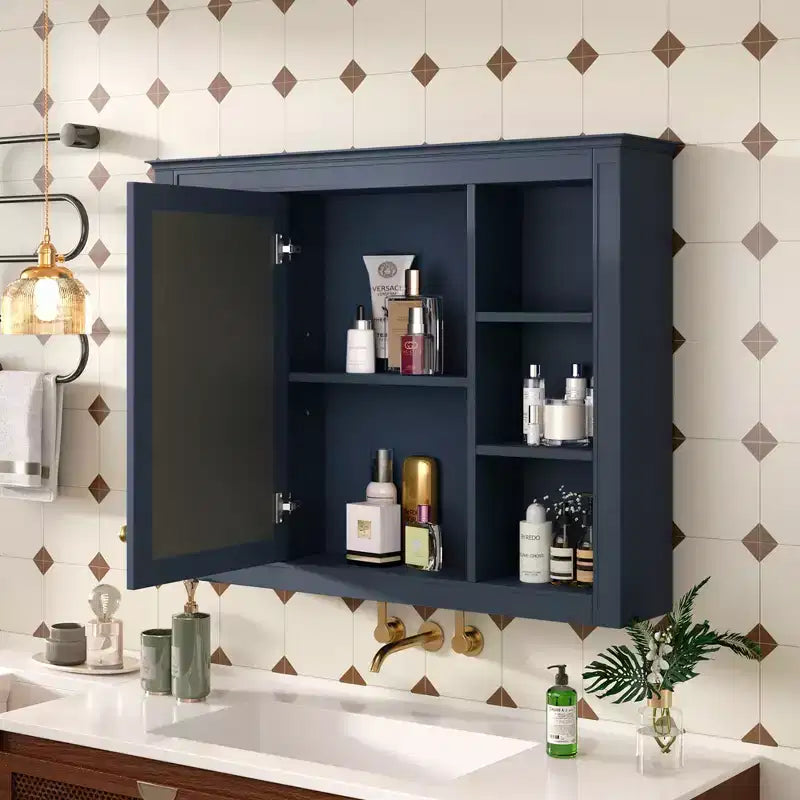 Specchio Contenitore da Bagno a Parete con 6 Ripiani a Giorno, Diversi Colori, Singolo