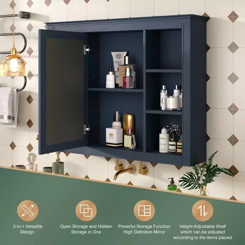 Specchio Contenitore da Bagno a Parete con 6 Ripiani a Giorno, Diversi Colori, Singolo