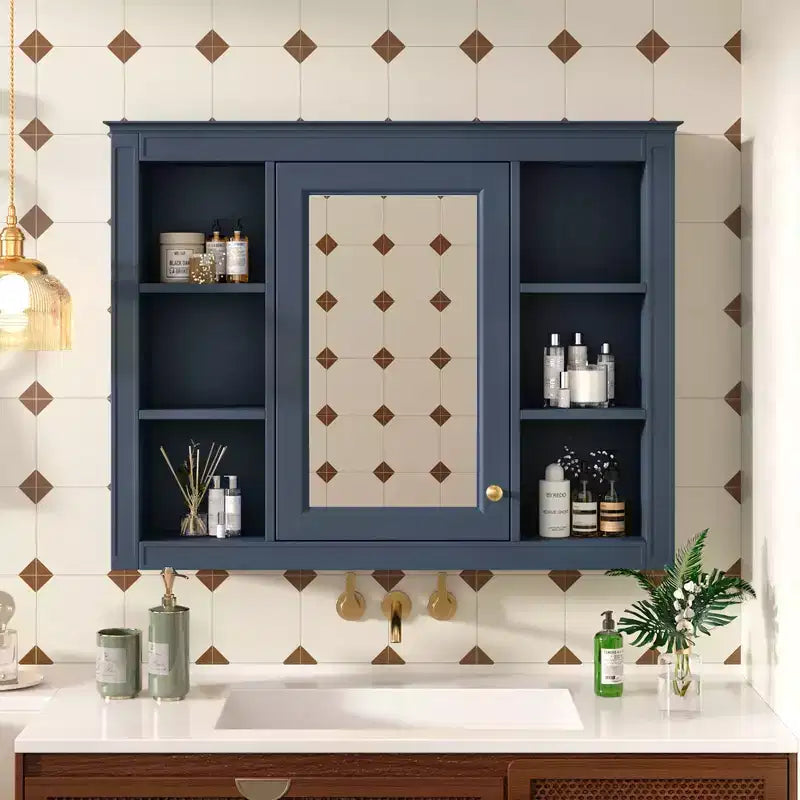 Specchio Contenitore da Bagno a Parete con 6 Ripiani a Giorno, Diversi Colori, Singolo