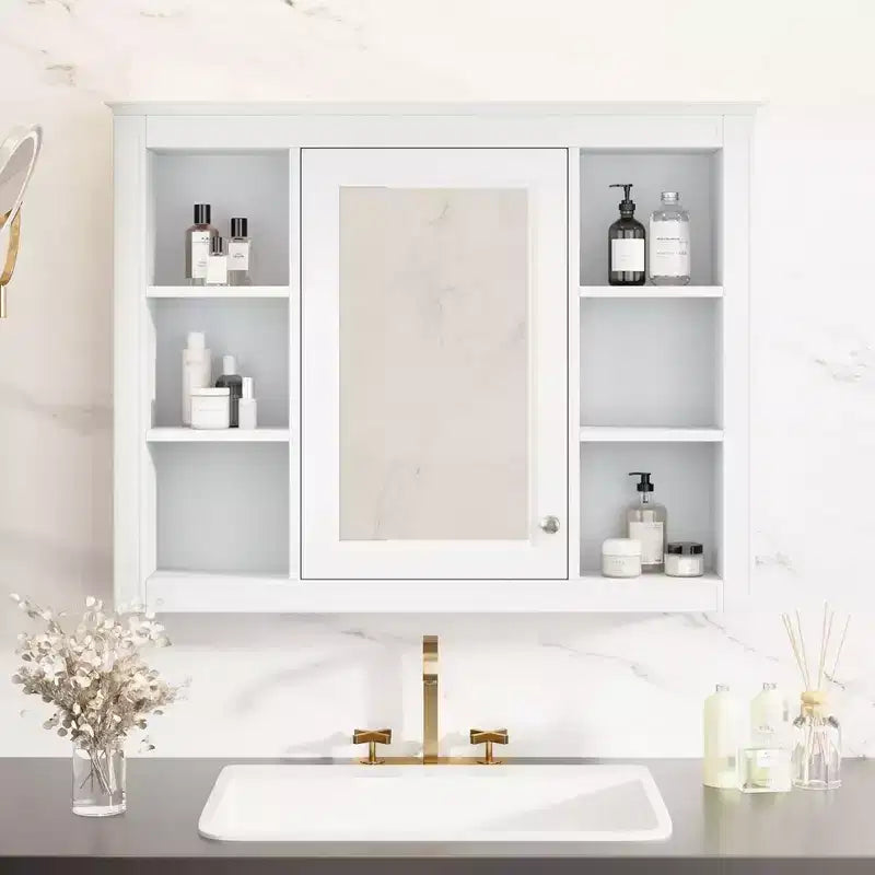 Specchio Contenitore da Bagno a Parete con 6 Ripiani a Giorno, Diversi Colori, Singolo