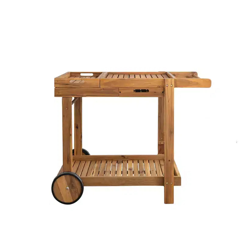 Storied Home Indoor/Outdoor Acacia Wood 2-Tier Bar Cart on Wheels with Removable Tray and Drawer, Natural