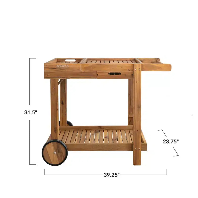 Carrello Bar a 2 Ripiani in Legno Naturale di Acacia su Ruote con Vassoio Rimovibile e Cassetto, per Interni/Esterni
