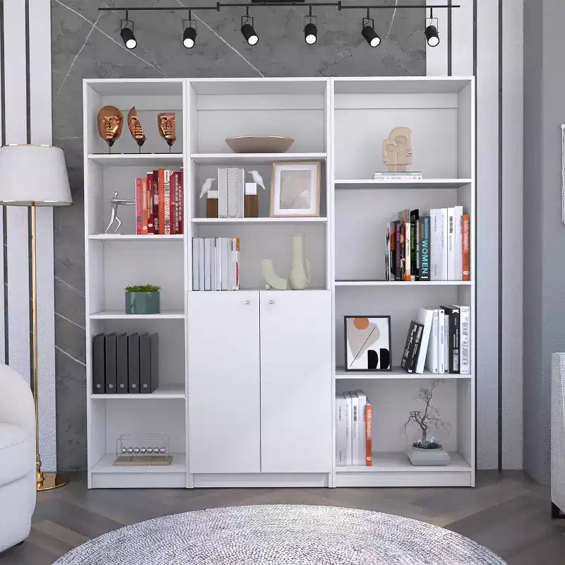 Okak Minimalism Bookshelf, Three-piece Display Case with Open Shelves and 2 Doors, Storage Organizer for Living Room, Office, White