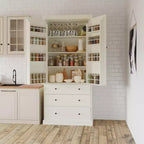 Okak 77in Farmhouse Pantry Cabinet, Freestanding Tall Cabinet with 3 Adjustable Shelves, 8 Door Shelves, 3 Drawers, Storage Cabinet for Kitchen