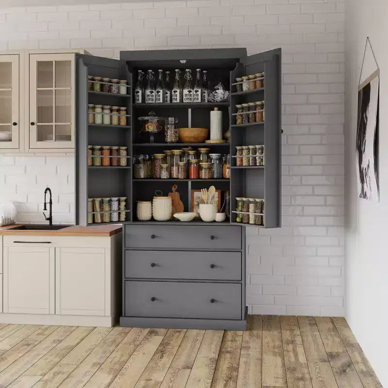 Dispensa da cucina alta 77", crema/grigio/bianco, mobile contenitore indipendente