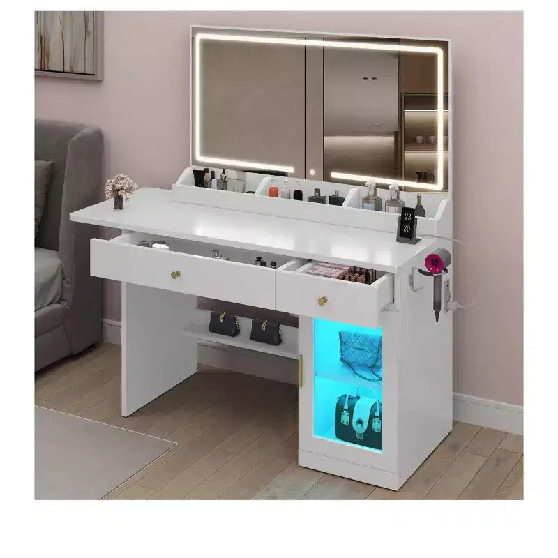 Tavolo da Trucco Illuminato Bianco con Specchio, 2 Cassetti e Mobiletto – 1 Persona