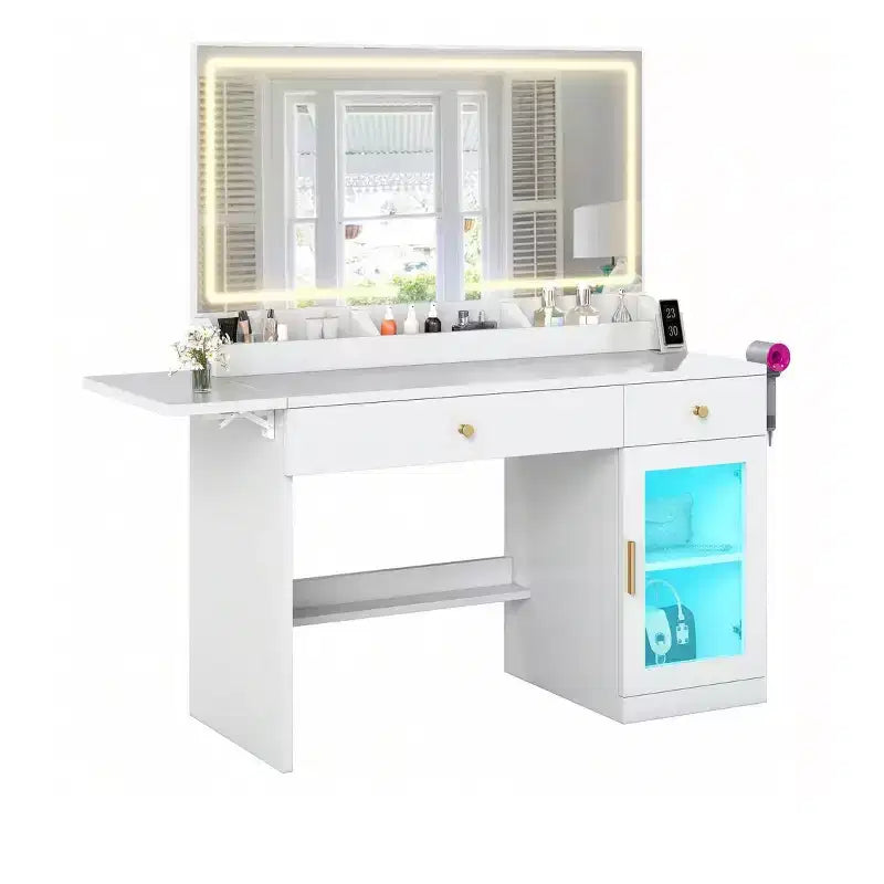Tavolo da Trucco Illuminato Bianco con Specchio, 2 Cassetti e Mobiletto – 1 Persona