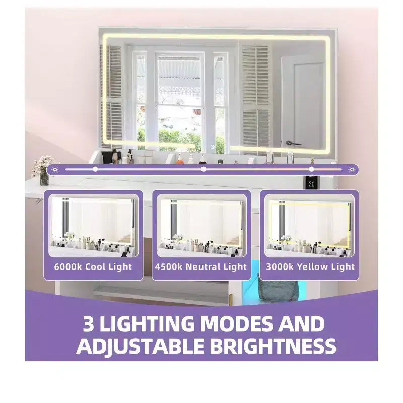 Tavolo da Trucco Illuminato Bianco con Specchio, 2 Cassetti e Mobiletto – 1 Persona