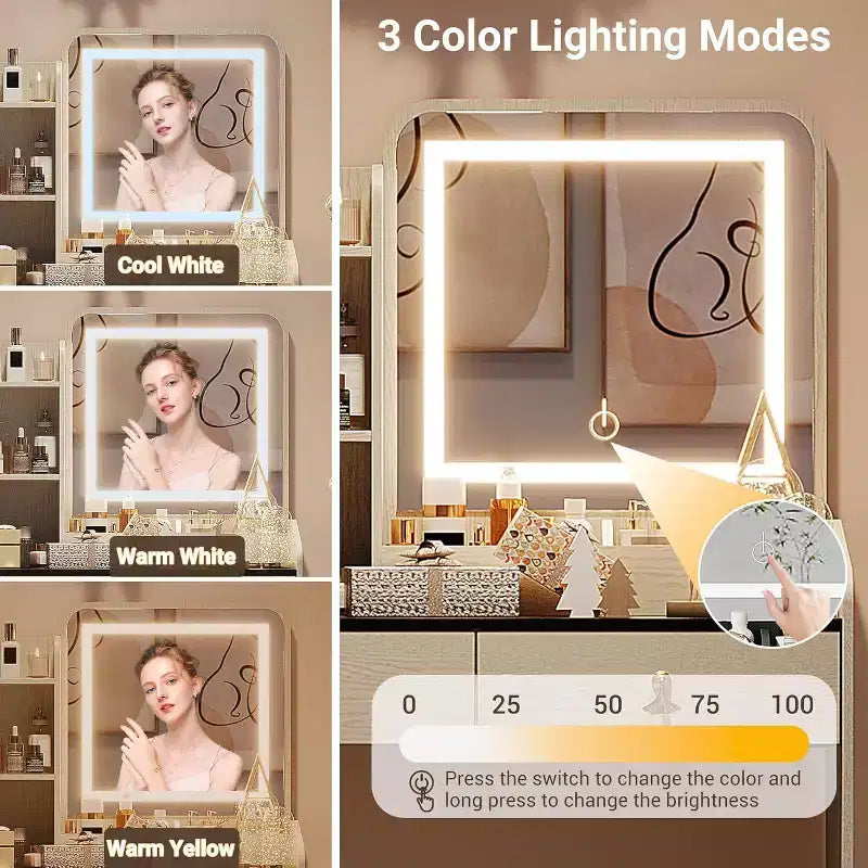 Set Toeletta con Specchio e Luci, Moderno Set Trucco con Sgabello Contenitore Nascosto, 2 Grandi Cassetti, 3 Ripiani Aperti, per Camera da Letto