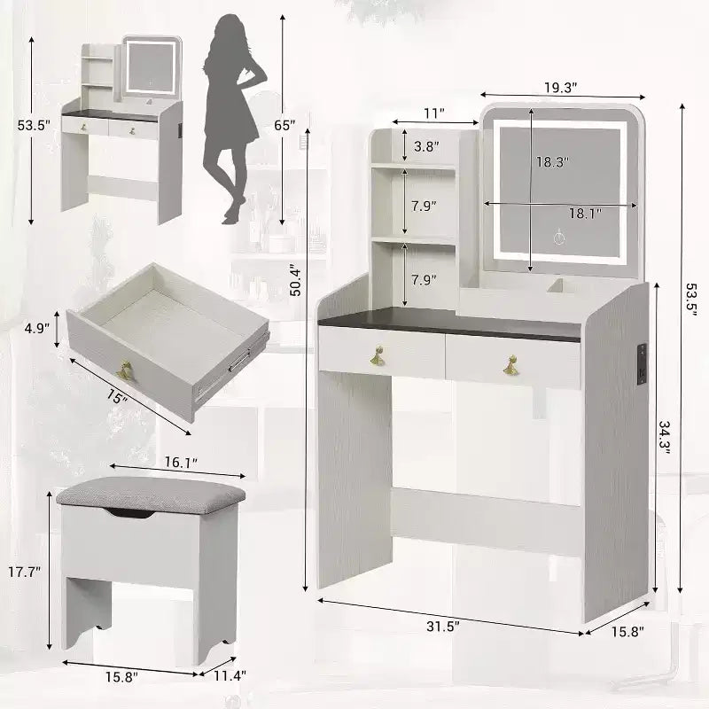 Set Toeletta con Specchio e Luci, Moderno Set Trucco con Sgabello Contenitore Nascosto, 2 Grandi Cassetti, 3 Ripiani Aperti, per Camera da Letto