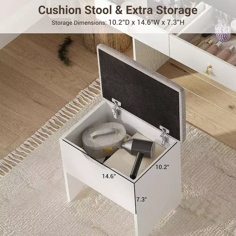 Set Toeletta con Specchio e Luci, Moderno Set Trucco con Sgabello Contenitore Nascosto, 2 Grandi Cassetti, 3 Ripiani Aperti, per Camera da Letto