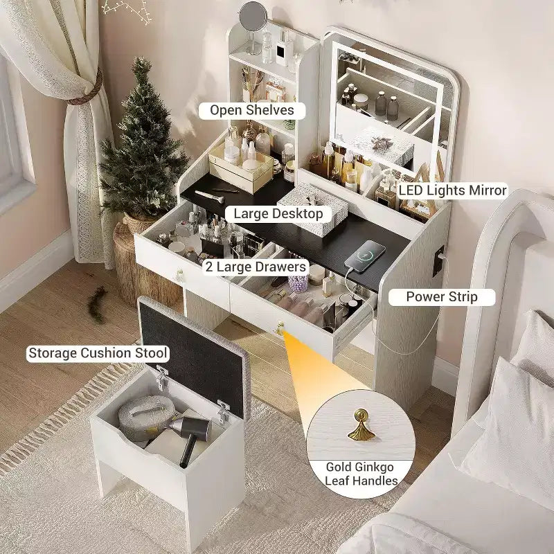 Set Toeletta con Specchio e Luci, Moderno Set Trucco con Sgabello Contenitore Nascosto, 2 Grandi Cassetti, 3 Ripiani Aperti, per Camera da Letto
