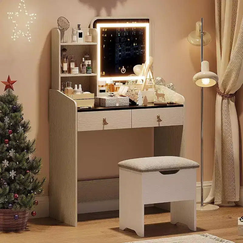 Set Toeletta con Specchio e Luci, Moderno Set Trucco con Sgabello Contenitore Nascosto, 2 Grandi Cassetti, 3 Ripiani Aperti, per Camera da Letto