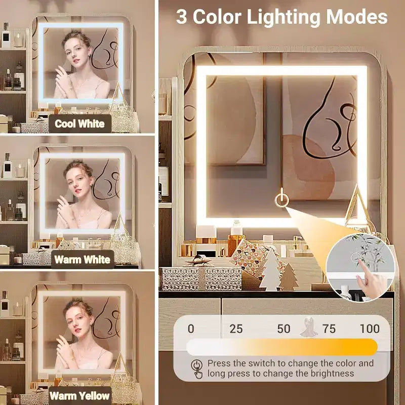 Set Toeletta con Specchio e Luci, Moderno Set Trucco con Sgabello Contenitore Nascosto, 2 Grandi Cassetti, 3 Ripiani Aperti, per Camera da Letto