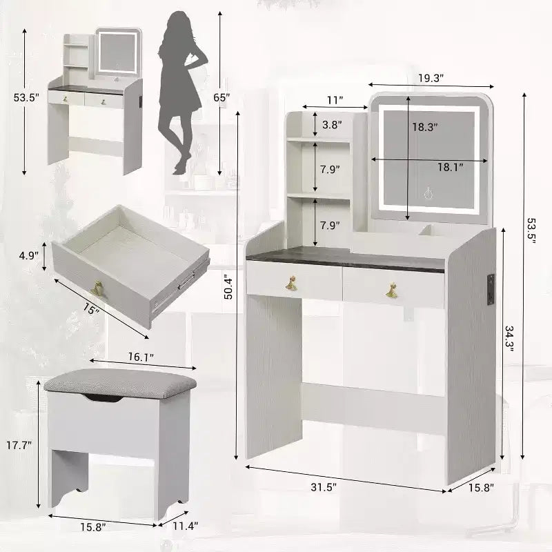 Set Toeletta con Specchio e Luci, Moderno Set Trucco con Sgabello Contenitore Nascosto, 2 Grandi Cassetti, 3 Ripiani Aperti, per Camera da Letto