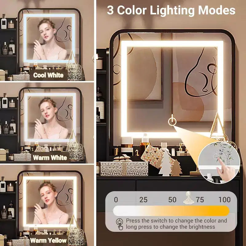 Set Toeletta con Specchio e Luci, Moderno Set Trucco con Sgabello Contenitore Nascosto, 2 Grandi Cassetti, 3 Ripiani Aperti, per Camera da Letto
