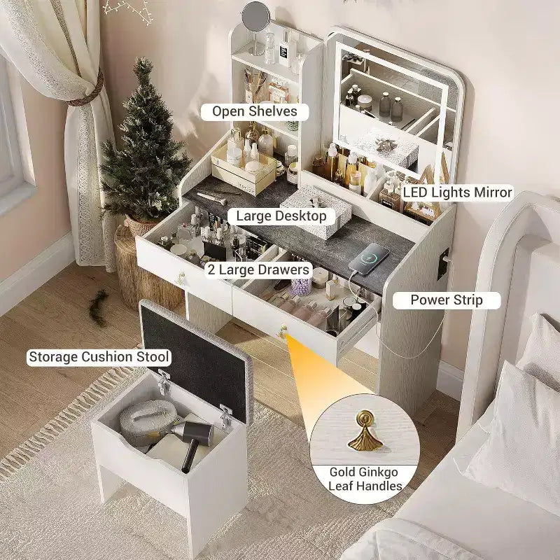Set Toeletta con Specchio e Luci, Moderno Set Trucco con Sgabello Contenitore Nascosto, 2 Grandi Cassetti, 3 Ripiani Aperti, per Camera da Letto