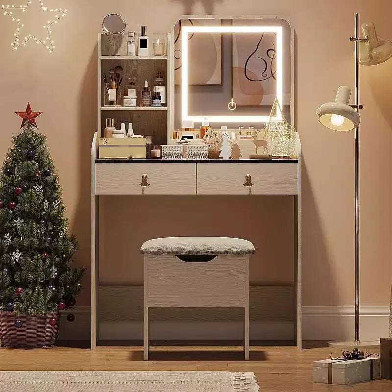 Set Toeletta con Specchio e Luci, Moderno Set Trucco con Sgabello Contenitore Nascosto, 2 Grandi Cassetti, 3 Ripiani Aperti, per Camera da Letto