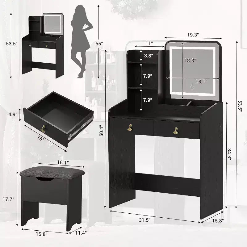Set Toeletta con Specchio e Luci, Moderno Set Trucco con Sgabello Contenitore Nascosto, 2 Grandi Cassetti, 3 Ripiani Aperti, per Camera da Letto