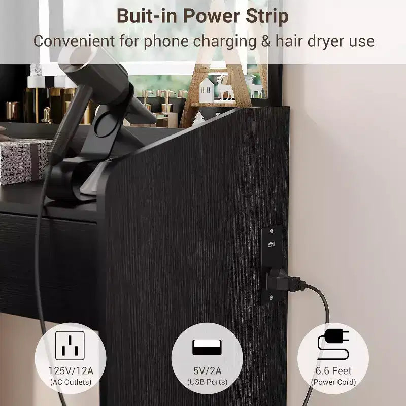Set Toeletta con Specchio e Luci, Moderno Set Trucco con Sgabello Contenitore Nascosto, 2 Grandi Cassetti, 3 Ripiani Aperti, per Camera da Letto