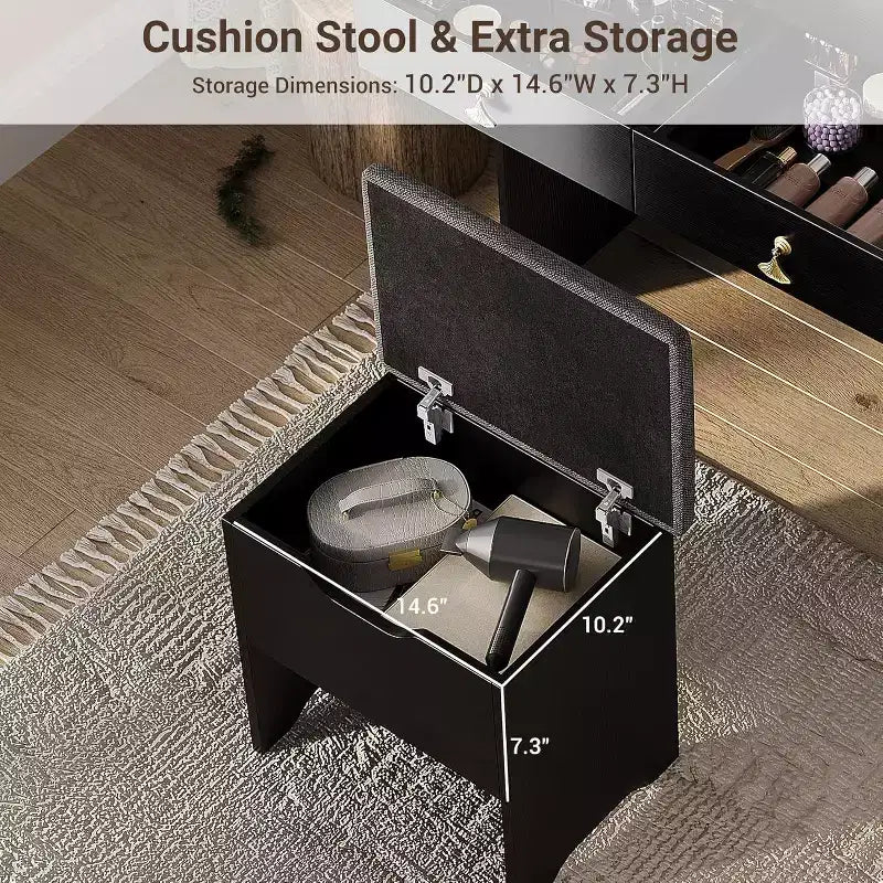 Set Toeletta con Specchio e Luci, Moderno Set Trucco con Sgabello Contenitore Nascosto, 2 Grandi Cassetti, 3 Ripiani Aperti, per Camera da Letto