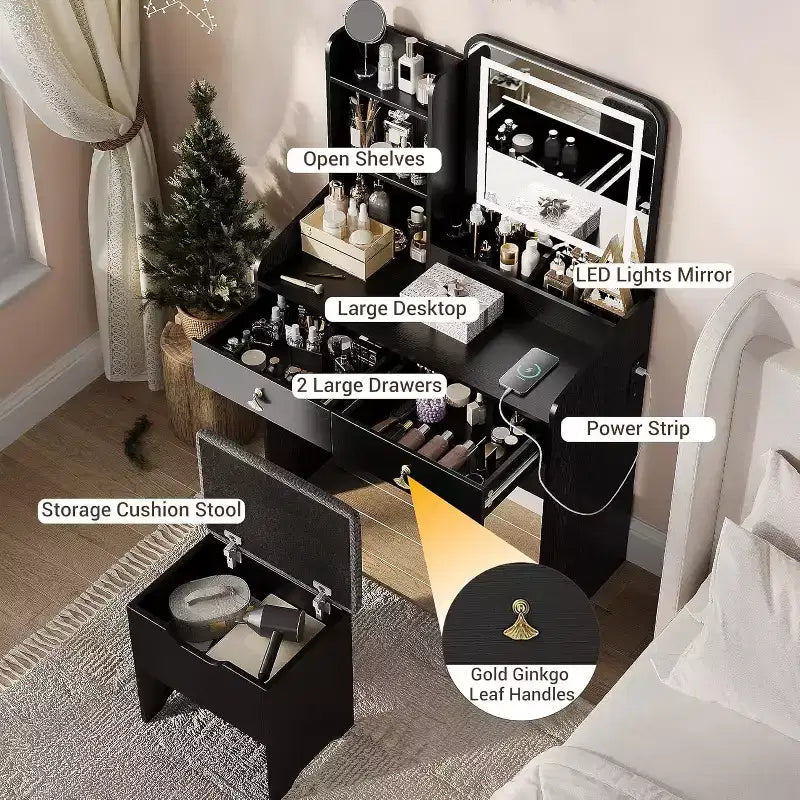 Set Toeletta con Specchio e Luci, Moderno Set Trucco con Sgabello Contenitore Nascosto, 2 Grandi Cassetti, 3 Ripiani Aperti, per Camera da Letto