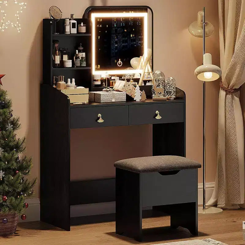 Set Toeletta con Specchio e Luci, Moderno Set Trucco con Sgabello Contenitore Nascosto, 2 Grandi Cassetti, 3 Ripiani Aperti, per Camera da Letto