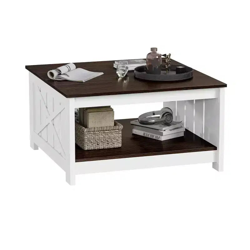 Tavolino da Caffè Quadrato in Legno con Vano Contenitore Semi-aperto, Nero/Marrone/Grigio/Bianco Sporco/Multicolore, 1 Posto