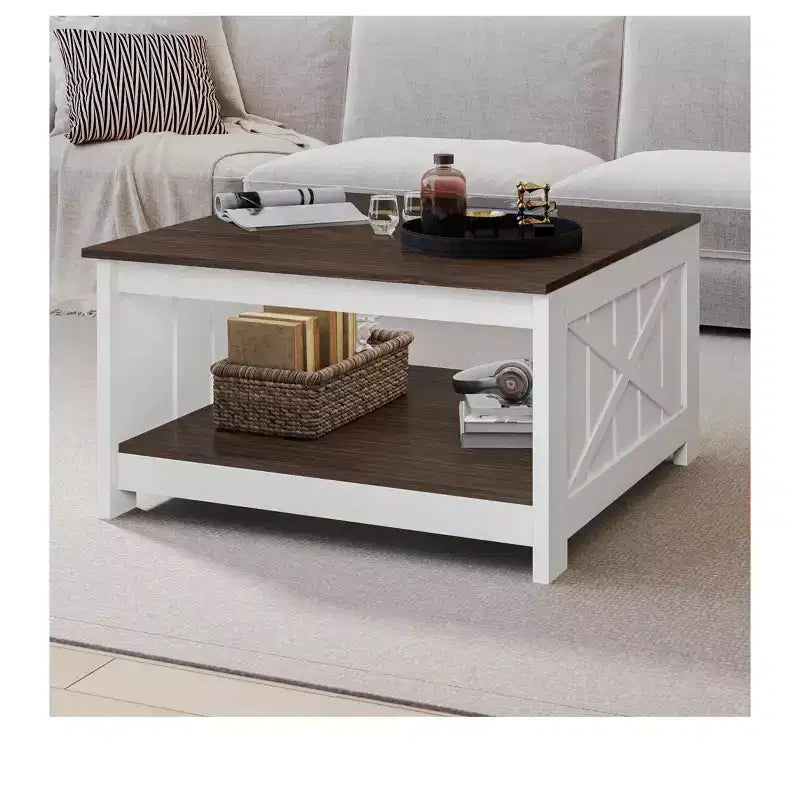 Tavolino da Caffè Quadrato in Legno con Vano Contenitore Semi-aperto, Nero/Marrone/Grigio/Bianco Sporco/Multicolore, 1 Posto