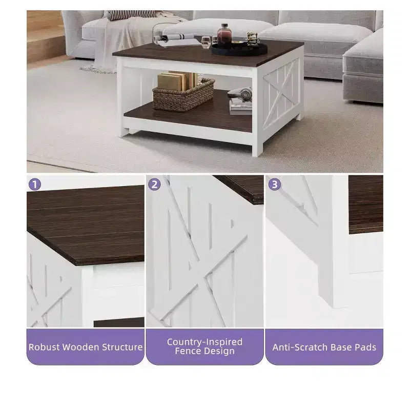 Tavolino da Caffè Quadrato in Legno con Vano Contenitore Semi-aperto, Nero/Marrone/Grigio/Bianco Sporco/Multicolore, 1 Posto
