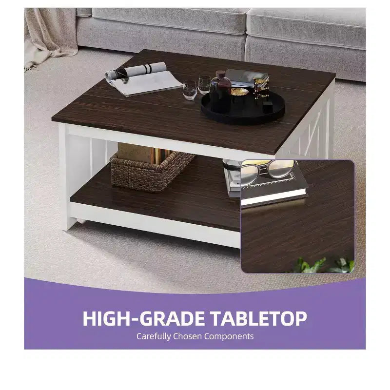 Tavolino da Caffè Quadrato in Legno con Vano Contenitore Semi-aperto, Nero/Marrone/Grigio/Bianco Sporco/Multicolore, 1 Posto