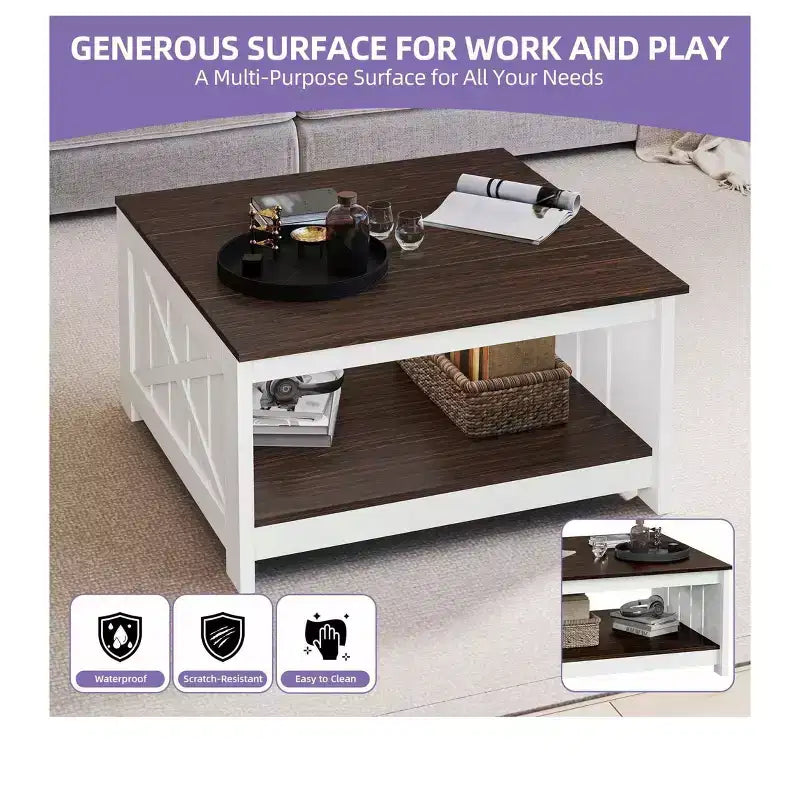 Tavolino da Caffè Quadrato in Legno con Vano Contenitore Semi-aperto, Nero/Marrone/Grigio/Bianco Sporco/Multicolore, 1 Posto