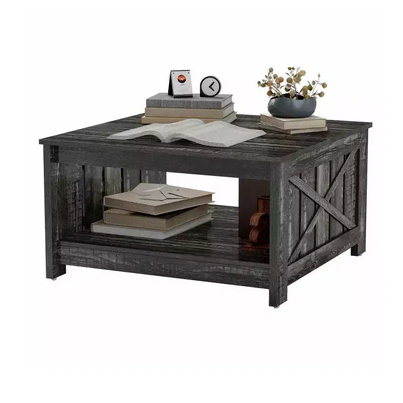 Tavolino da Caffè Quadrato in Legno con Vano Contenitore Semi-aperto, Nero/Marrone/Grigio/Bianco Sporco/Multicolore, 1 Posto