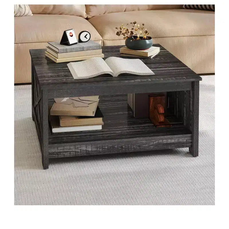 Tavolino da Caffè Quadrato in Legno con Vano Contenitore Semi-aperto, Nero/Marrone/Grigio/Bianco Sporco/Multicolore, 1 Posto