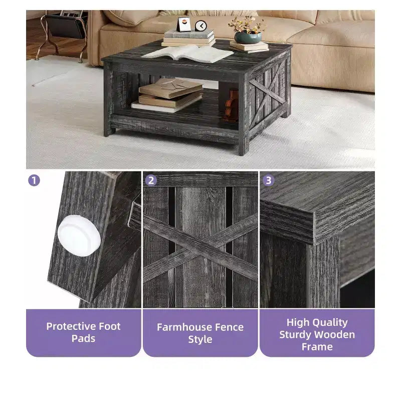 Tavolino da Caffè Quadrato in Legno con Vano Contenitore Semi-aperto, Nero/Marrone/Grigio/Bianco Sporco/Multicolore, 1 Posto