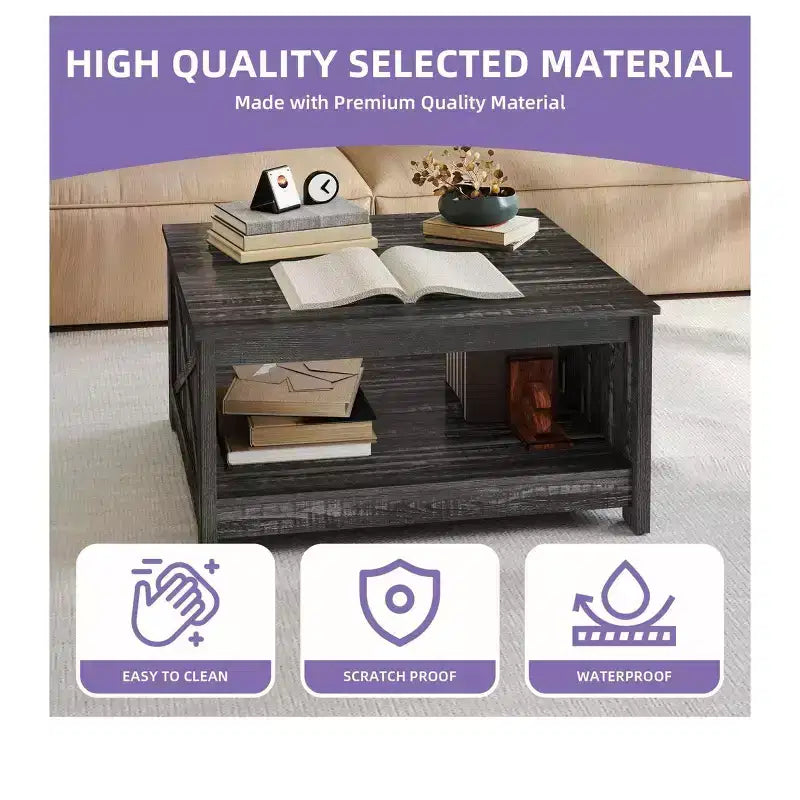 Tavolino da Caffè Quadrato in Legno con Vano Contenitore Semi-aperto, Nero/Marrone/Grigio/Bianco Sporco/Multicolore, 1 Posto