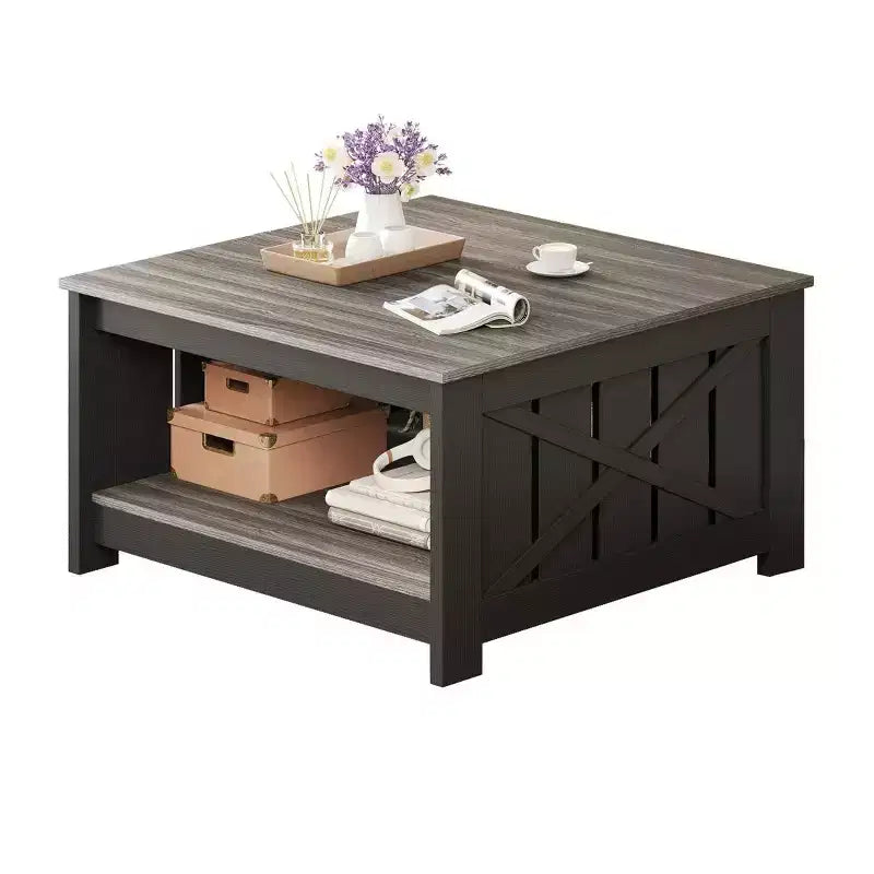 Tavolino da Caffè Quadrato in Legno con Vano Contenitore Semi-aperto, Nero/Marrone/Grigio/Bianco Sporco/Multicolore, 1 Posto