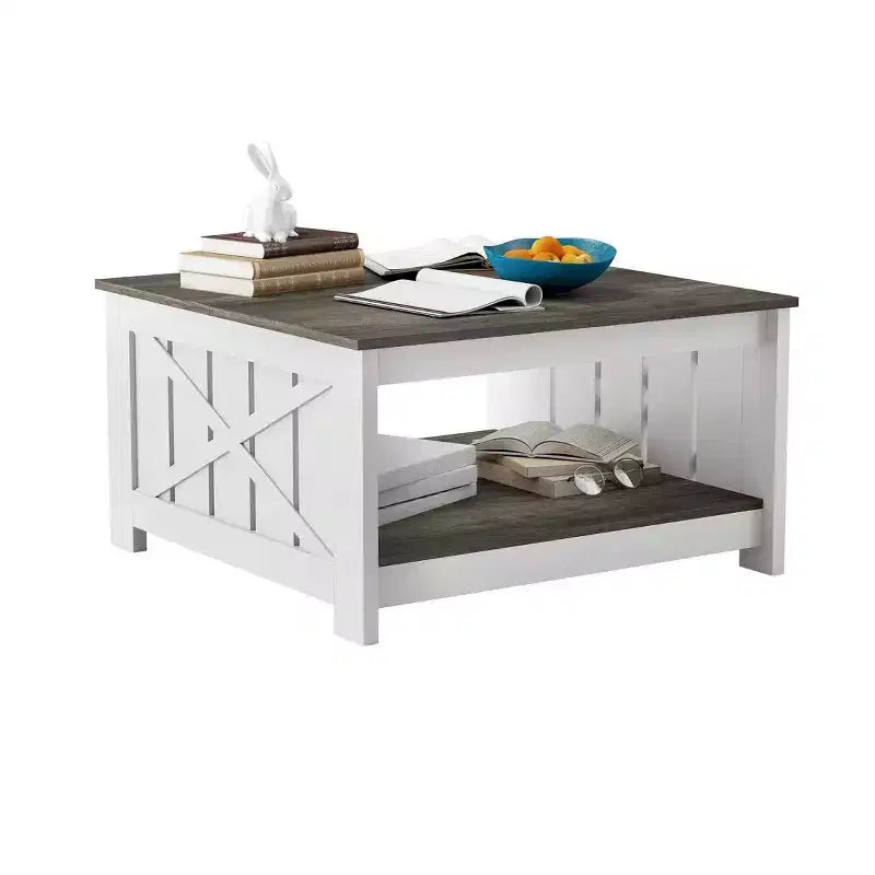 Tavolino da Caffè Quadrato in Legno con Vano Contenitore Semi-aperto, Nero/Marrone/Grigio/Bianco Sporco/Multicolore, 1 Posto