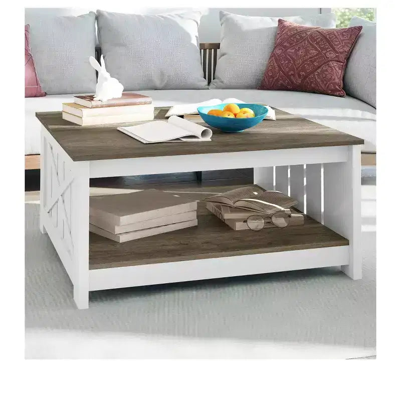 Tavolino da Caffè Quadrato in Legno con Vano Contenitore Semi-aperto, Nero/Marrone/Grigio/Bianco Sporco/Multicolore, 1 Posto