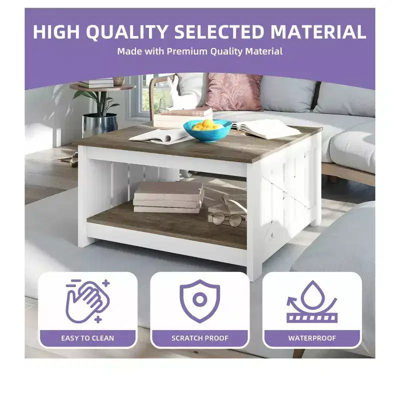 Tavolino da Caffè Quadrato in Legno con Vano Contenitore Semi-aperto, Nero/Marrone/Grigio/Bianco Sporco/Multicolore, 1 Posto